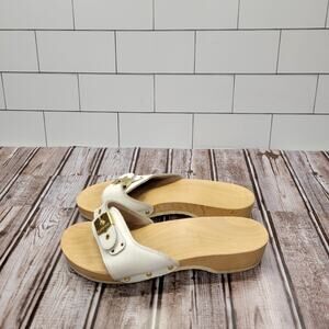 Vintage Dr Scholl’s Women's Wood Bottom Slip On Sandals Leather Size 8